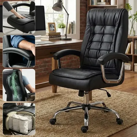 Cadeira Escritório Presidente Ergonômica Em 42 Molas Ensacadas Couro Giratória Executiva Preto Couro Sintético Premium
