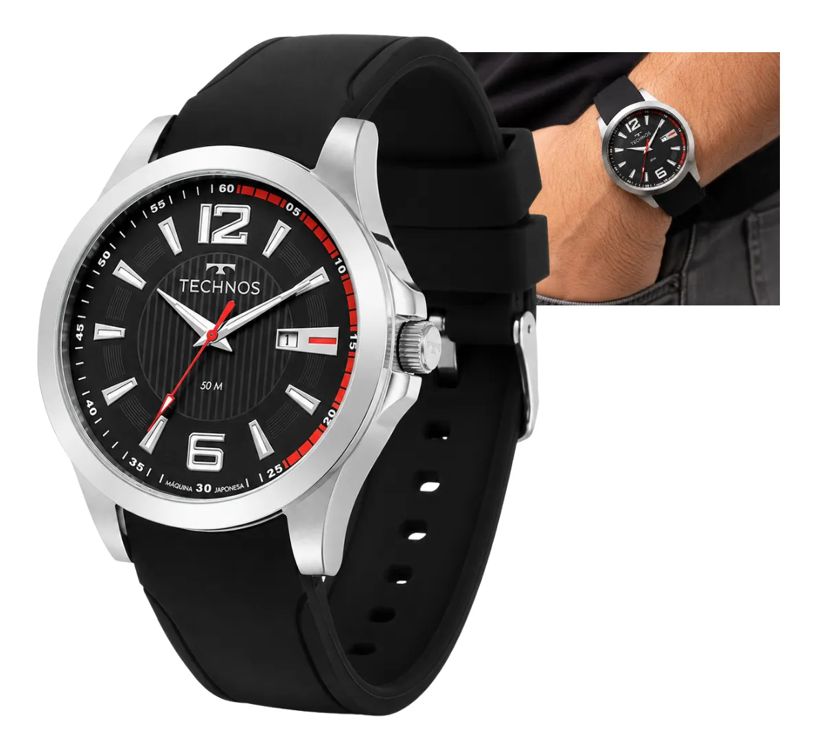 Relógio Technos Masculino 2115 Silicone Prateado Aço Inox Preto Prateado