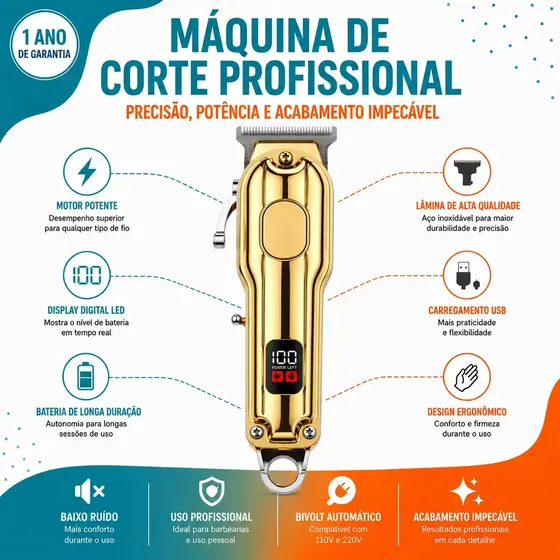 Máquina De Cortar Cabelo Profissional Sem Fio Com Visor Led Lâmina De Titânio Com Alavanca De Regulagem Dourado 3tech
