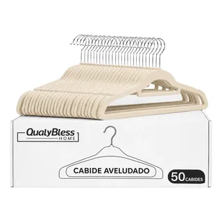 Kit de 50 Cabides de Veludo Slim Antiderrapante Bege para Roupas Adultas