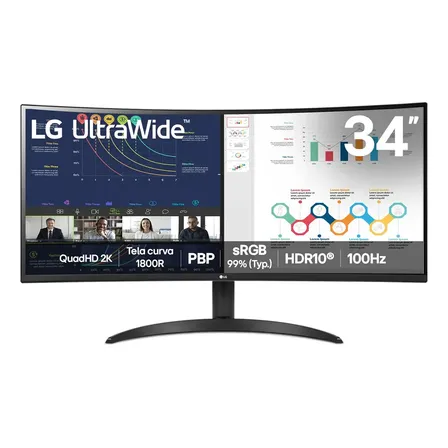 Monitor LG UltraWide Curvo, QuadHD 2K de 34”, PBP, sRGB 99%, HDR10, 100Hz, Preto - 34WR50QK-B