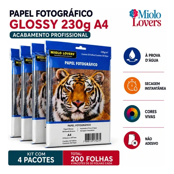 Papel Fotográfico A4 Glossy 230g Kit 200 Folhas Masterprint Cor Branco (Sem Fixação Adesiva) By MIOLO LOVERS