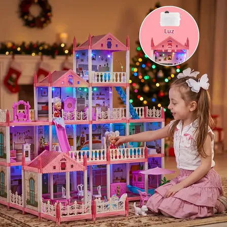BrincaMundo Casa De Boneca Luxo 310 Peças 4 Andares 14 Cômodos com 2 Bonecas Escorregador Luzes LED Móveis e Acessórios Completos Escorregador Brinquedo Menina Infantil Rosa