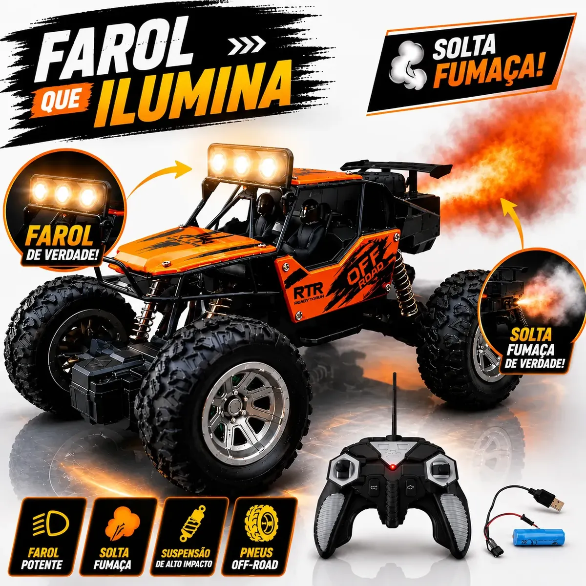 Carrinho Controle Remoto Recarregável Com Fumaça E Led Sortido