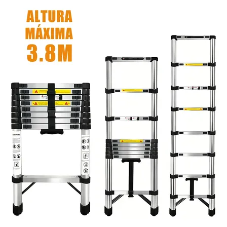 Escada Telescópica Degraus Inox 3.8m Suporte 150 Kg Adequado Para Uma Variedade De Cenários-novara Prata