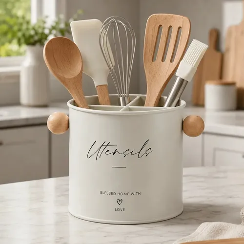 Porta Utensílios Organizador De Talheres Cozinha Metal Home Creme
