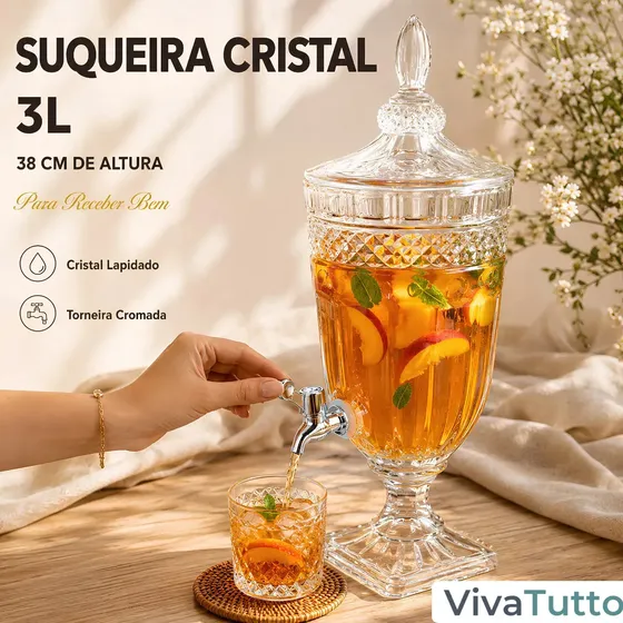 Suqueira De Vidro Cristal 3l Transparente Torneira Decoração Buffet Almoço Jarra Festas Suco Drink Agua VIVATUTTO