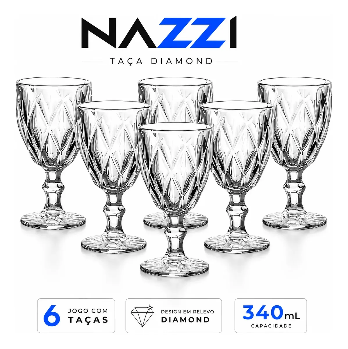 Jogo Kit 6 Taças De Vidro 340ml Diamond Luxo Moderno Transparente