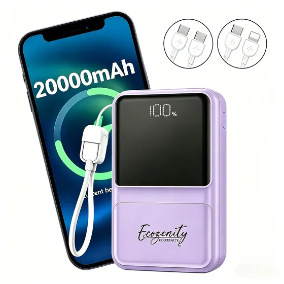 Power Bank 20000mAh Com 2 Cabos Integrados, Carga Turbo e LED Indicador