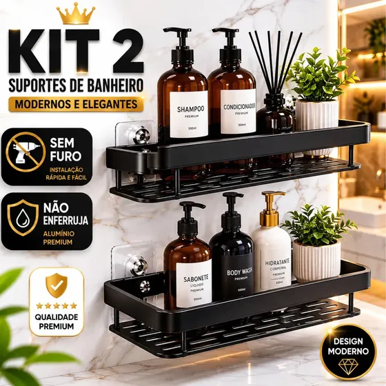 Kit 2 Suportes Organizadores p/ Banheiro Adesivo de Metal Preto