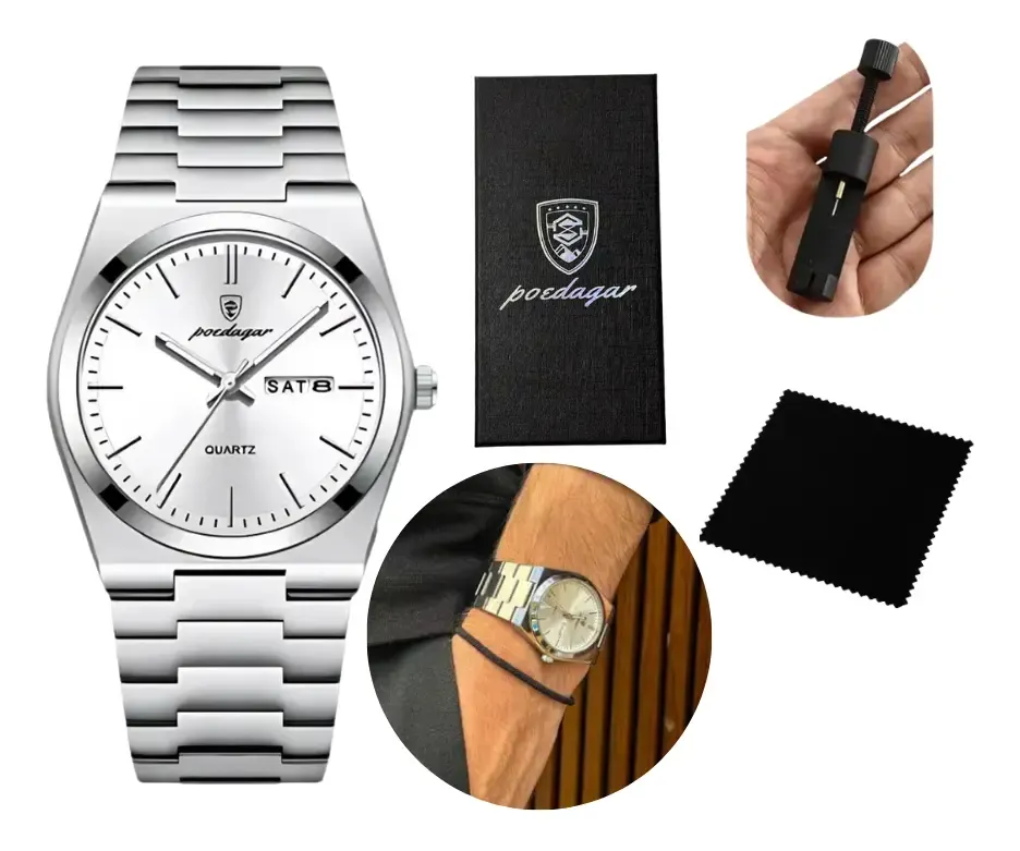 Relógio Poedagar Suiço Masculino Aço Inox Old Money C/caixa Branco Prateado
