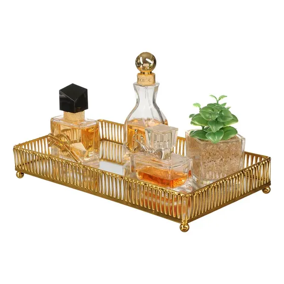 Bandeja Decorativa Espelhada Metal Taça Perfume Lavabo Bar Cor Dourado
