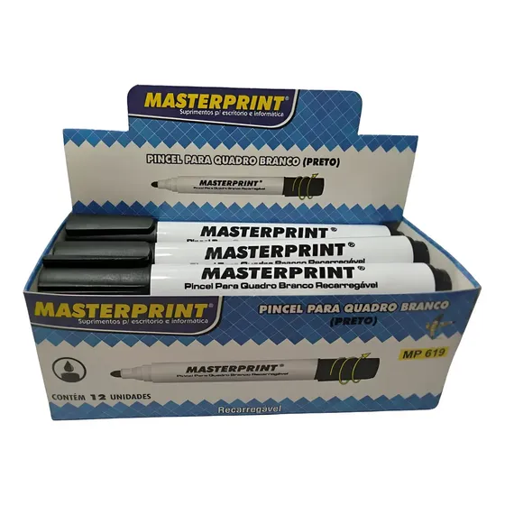 Caneta Pincel Marcador Quadro Branco Recarregável 12un Preto