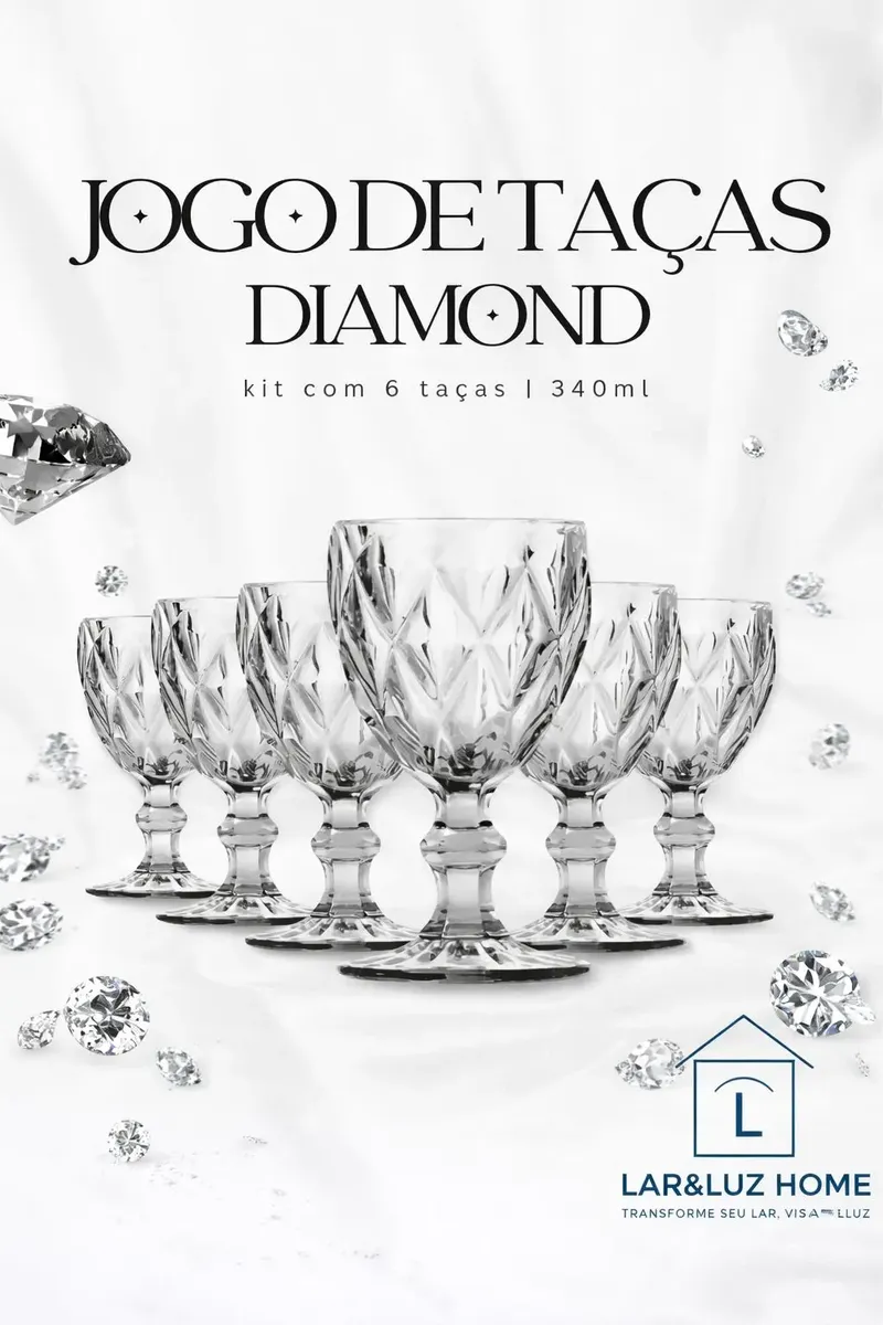 Jogo Kit 6 Taças Vidro 340ml Diamond Luxo Moderno Agua Tran Transparente