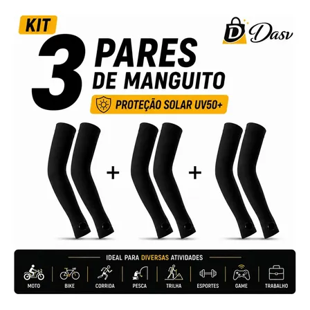 Conjunto Kit 3 Pares Manguito Proteção Solar Moto Manga Bike Motocicleta Braço Esporte Futebol Volei Pesca Trilha Dasv