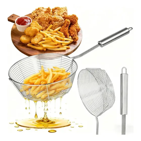 Escumadeira de Fritura em Aço Inox 20 cm, Com Cabo Longo e Cesta Aramada