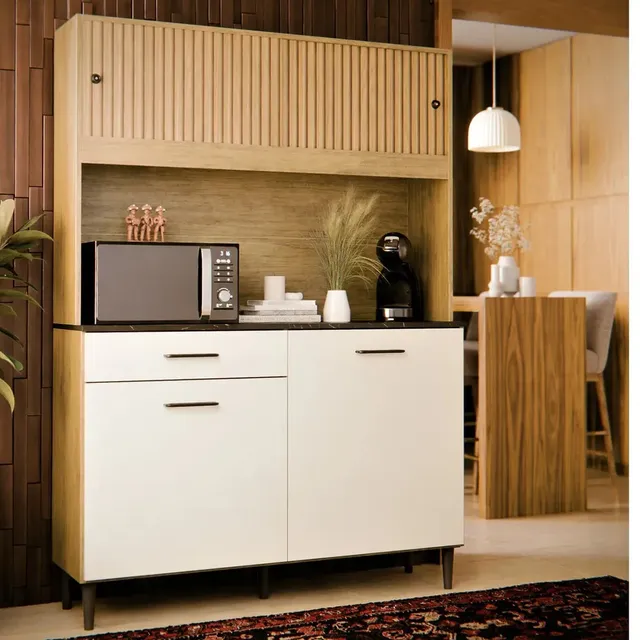 Armário De Cozinha Compacta Grazi Com 4 Portas E Gaveta Espaçosa Acabamento Durável Completa Resistente Ripado 3d Branco Off White Grazi