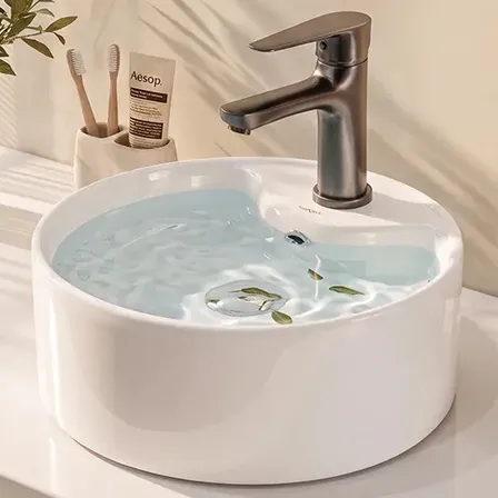 Cuba De Apoio Redonda Winda 30cm Cerâmica Branca Premium Hidrófuga Fácil Limpeza Com Furo Para Torneira Banheiro Lavabo Branco Brilhante