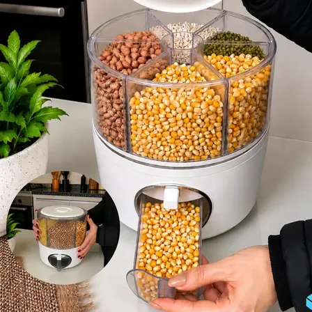 Dispenser Giratorio De Graos E Alimentos Com 6 Divisorias 5kg Rotativo 360 Organizador Porta Mantimentos Para Cozinha Arroz Feijao Cereais Grao Seco Reservatorio Compartimentos Cor Cinza