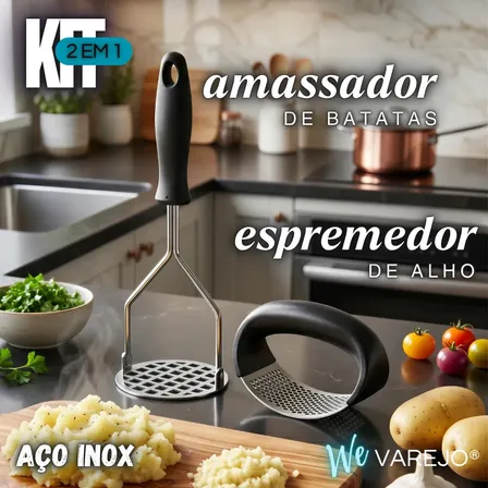 Kit Amassador De Batata E Espremedor De Alho We Varejo De Aço Inoxidável Com Cabo Ergonômico Preto