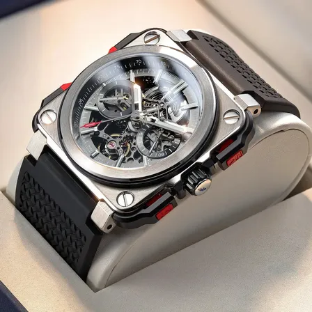 Relógio Masculino Feice Mecânico Automático Esqueleto com Pulseira de Silicone