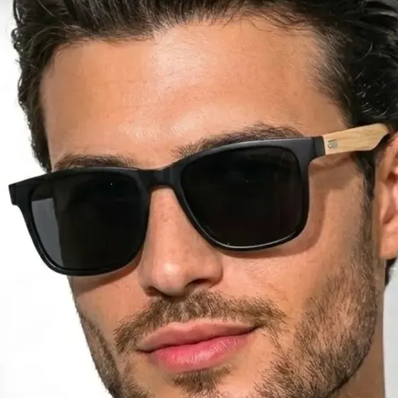 Óculos De Sol Masculino Quadrado Bambu Madeira Uv400 Classic Preto