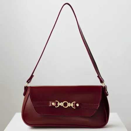 Bolsa De Ombro Baguete Tiracolo Média Feminina Casual Cor Vinho Liso Ouro