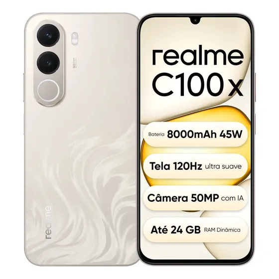 Celular Smartphone Realme C100x 256gb 8gb Ram (+16gb Ram Virtual Boost), Bateria Titan 8000mah 45w, Tela Ultra Suave 120hz, Campeão Em Fluidez, Câmera 50 Mp, Ip64,next Ai, apenas na cor DOURADO