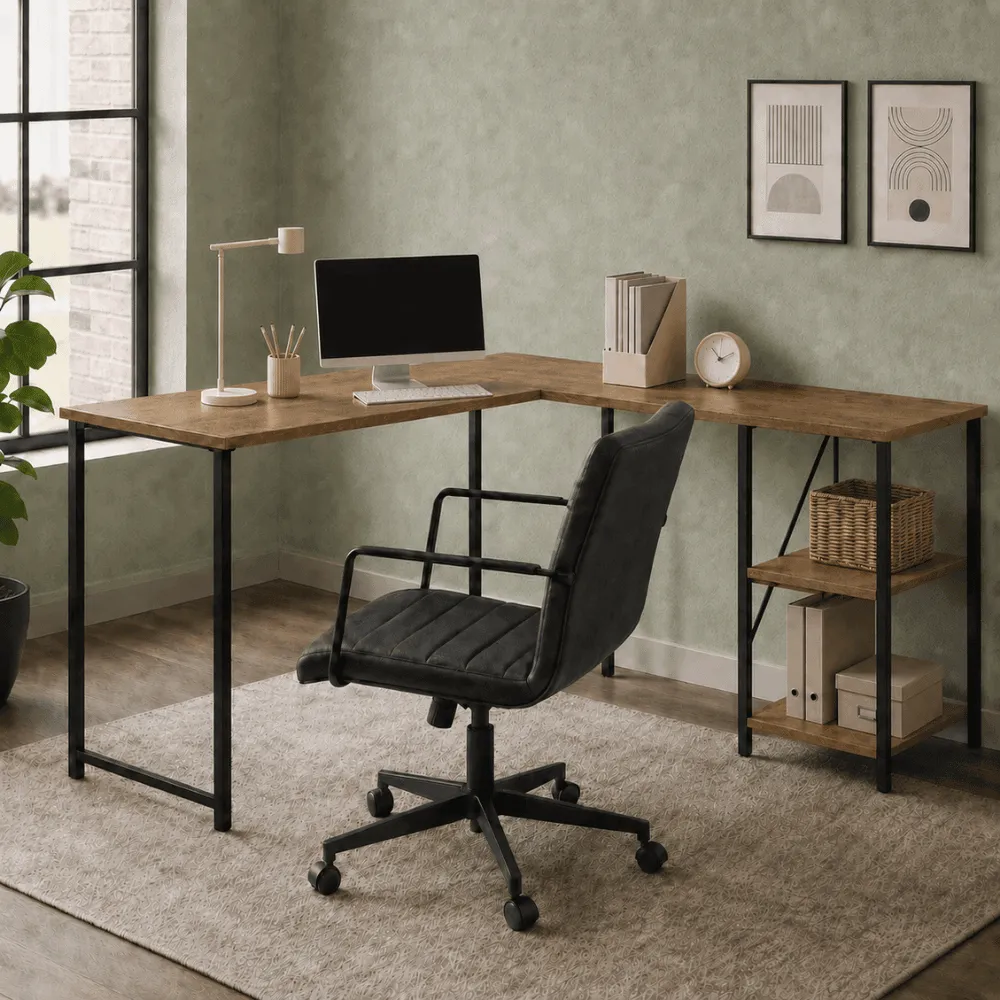 Mesa Em L Industrial Office Estudo Com Prateleiras Klmstore Preta/imbuia