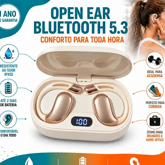 Fone Bluetooth Ows Open Ear Sem Fio Esportivo Com Display Digital Case Carregadora Usb-c Compatível Android iPhone Ios Academia Corrida Caminhada Trabalho Chamadas Música Branco 3tech