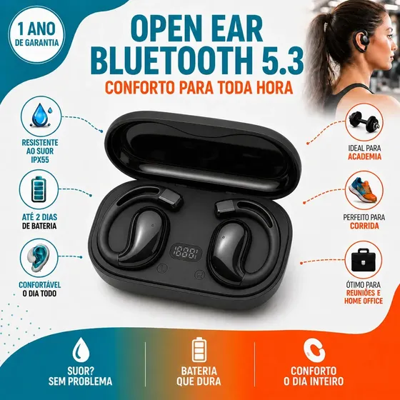 Fone de Ouvido Open Ear 3Tech Esportivo Bluetooth 5.3 com Display Digital e Microfone