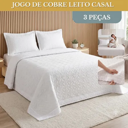 Colcha Casal Aline 3 Pecas 600 Fios Bordado Floral Cobre Leito Elegante Conforto Decoracao Premium Cor Branca Flores Brancas