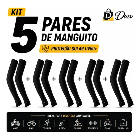 Conjunto Kit 5 Pares Manguito Proteção Solar Moto Manga Bike Motocicleta Braço Esporte Futebol Volei Pesca Trilha Dasv
