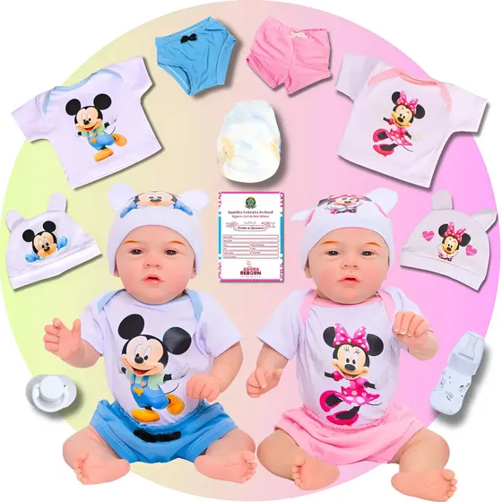 Bonecos Bebê Reborn Gêmeos Mary Mickey & Minnie