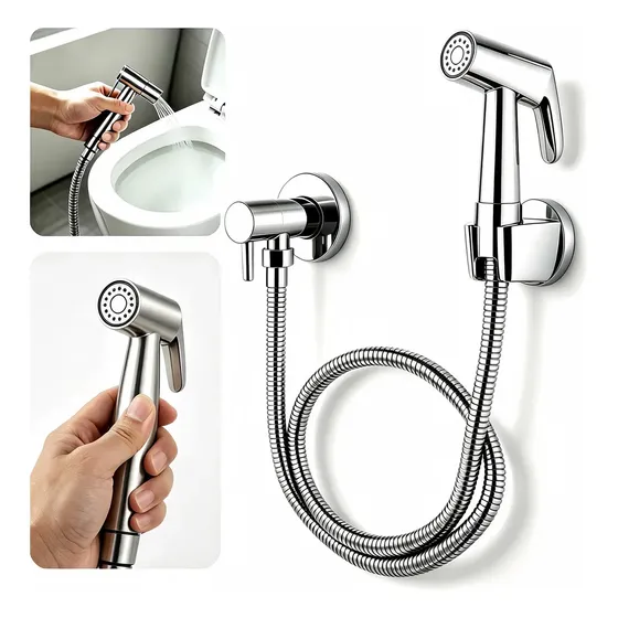 Ducha Higiênica Chuveirinho Completa Aço inoxidável 304 e plástico Registro 1/4 Volta Alta Pressão Gatilho Mangueira 1,5 m Inox Banheiro Privada Parede Escovada Luxo Clampzy