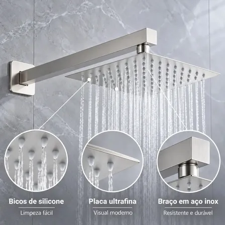 Chuveiro De Parede Quadrado 20cm Inox Escovado Com Braço E Cabeça Articulável Efeito Chuva Cinza