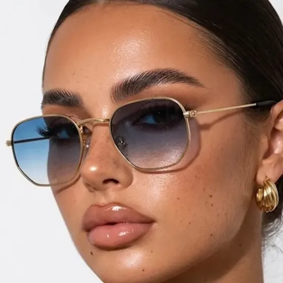 Óculos De Sol Feminino Hexagonal Premium Classico Dourado Azul Degradê