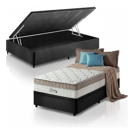 Cama Box Baú Solteiro King Preto + Colchão Molas Ensacadas Pillow In Zidi Houston 96x203x70cm