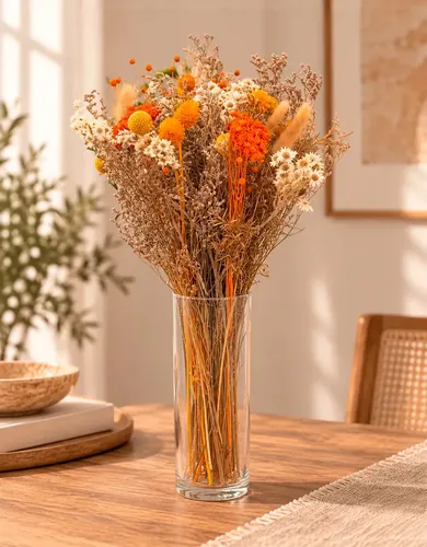 Buquê de Flores Naturais Desidratadas Craspédia e Limonium Laranja para Decoração Boho