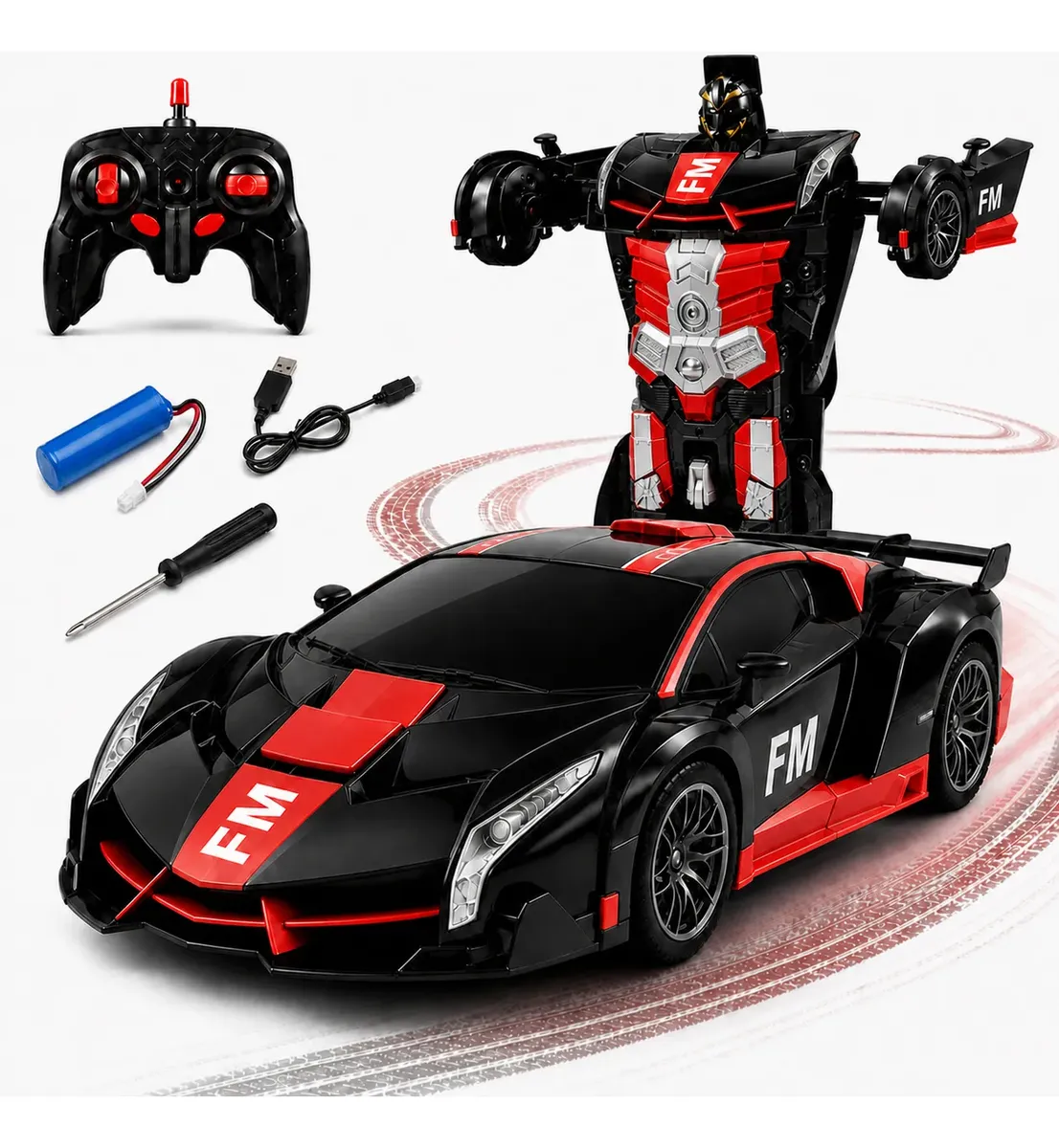 Carrinho Controle Remoto 2 Em 1 Vira Robô Recarregável Vermelho