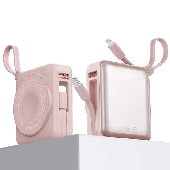 Power Bank Magnético Basike 10000mAh, Carregador Portátil Indução com Cabos e Display Digital Rosa