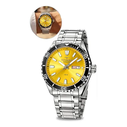 Relógio de pulso Technos com corria de aço inoxidável cor prateado - fondo amarelo - bisel preto