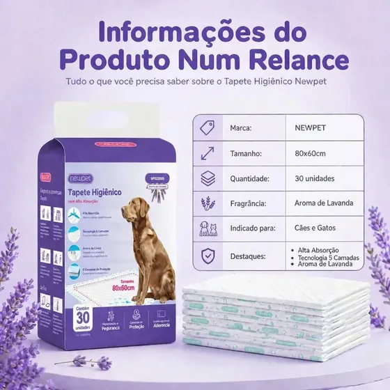 Newpet Fralda Pet 80x60cm 30un com Aroma Lavanda, Tapete Higiênico Descartável Com Gel Absorvente E Borda Anti Vazamento, Mantém Sua Casa Limpa E Seca Roxo