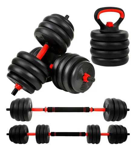 Kit Halteres 6 Em 1 Peso Musculação Até 30kg Ajustável Preto Preto-vermelho