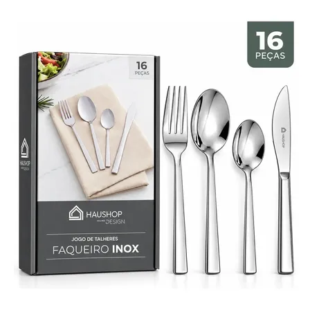 Jogo de Talheres Faqueiro Inox 16 Peças Aço Inoxidável Premium Kit Para 4 Pessoas Lava-Louças Acabamento Polido Não Enferruja Resistente Mesa Posta Home Design Haushop