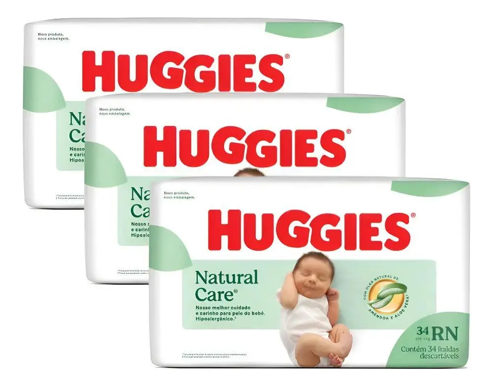 Kit 3 Fralda Huggies Natural Care Rn - 102 Fraldas Recém-nasci Recém-nascido (rn) Sem Gênero