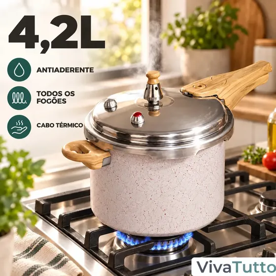 Panela de Pressão VIVATUTTO de Alumínio e Cerâmica Bege 4.2L com Revestimento Antiaderente