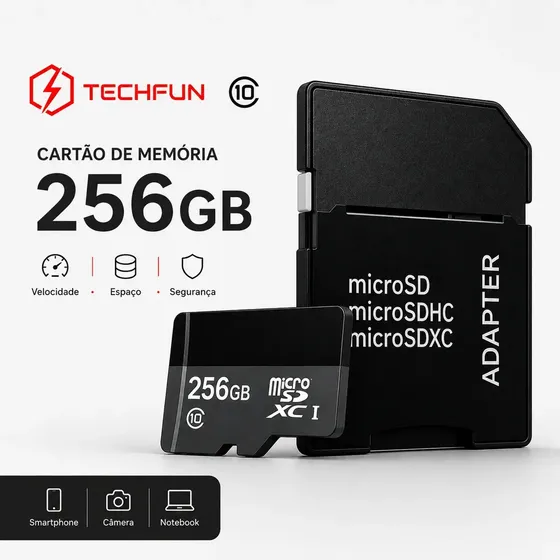 Cartão MicroSDXC Techfun de 256GB Classe 10 U1 para Full HD