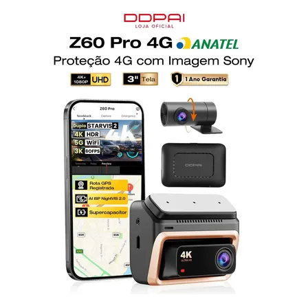 Câmera Veicular DDPAI Z60 Pro 4G com Suporta Monitoramento Remoto 4K+1080P HDR, Camera Automotiva Sony STARVIS 2 IMX678/IMX662 60FPS, Câmera Para Carro GPS Wi-Fi 5G APP ADAS Estacionamento 24H