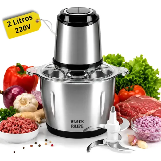 Multiprocessador Triturador De Alimentos Elétrico 2 Litros Aço Inox 304 Moedor Picador Processador De Carne Legumes Alho Cebola Castanhas Cozinha Potente Alta Performance Black Raipe